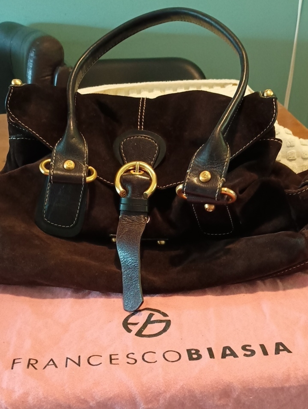 Francesco Biasia Dark Brown Suede Satchel with Gold Hardware